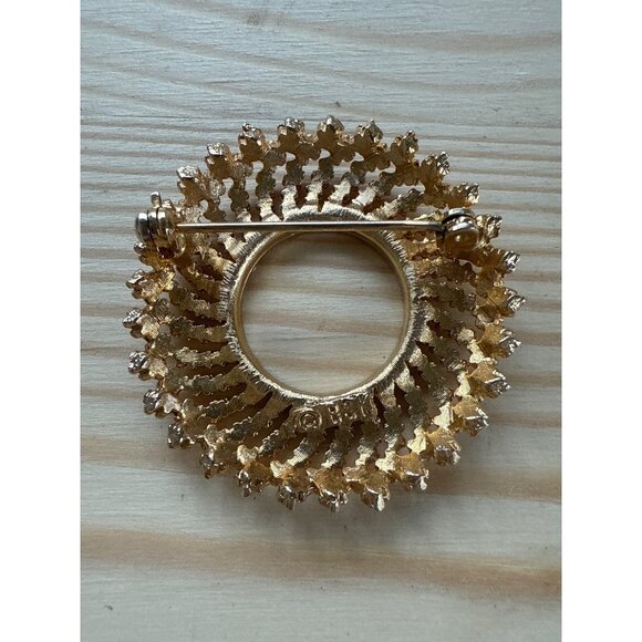 Vintage BSK Gold Tone Circular Brooch Pin Intricate Textured Design - Picture 2 of 5